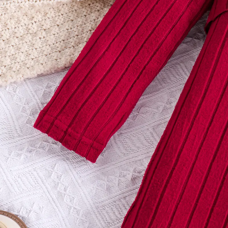 Autumn New Fashion 2PCS Solid Color Red V-Neck Wing-Sleeve VEST & Solid Color Red O-Neck Long Sleeve Knitted Dress For Girls