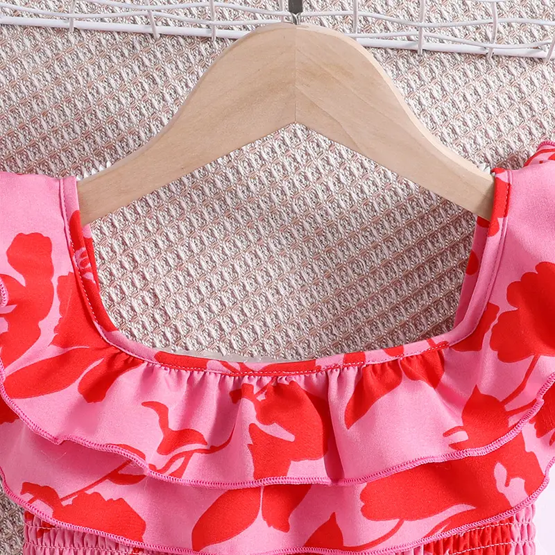 Girl Dress Summer New Fashion For 4-7Ys Kids Outfit Sweet Retro Print Floral Rose Cute Style Holiday Vacation Party Casual Dress