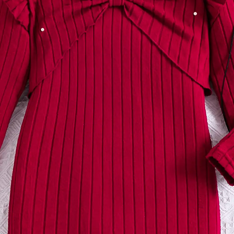 Autumn New Fashion 2PCS Solid Color Red V-Neck Wing-Sleeve VEST & Solid Color Red O-Neck Long Sleeve Knitted Dress For Girls