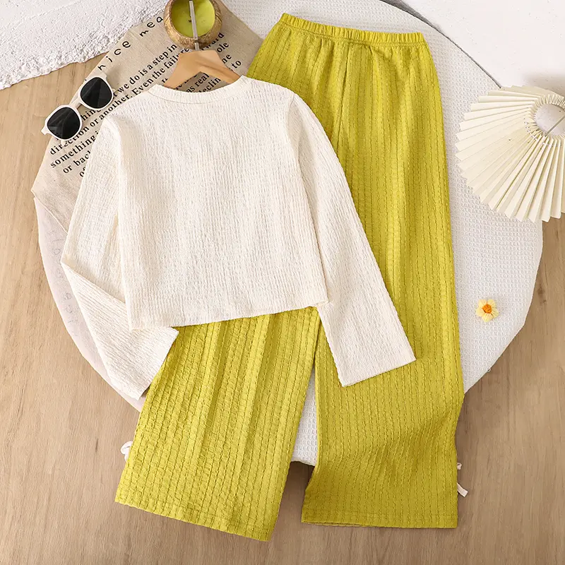 Autumn 2PCS New Kids Clothing Beige O-Neck Floral Long Sleeve Top & Yellow Striped Bow Elastic Waist Pants For Girls Daily Set