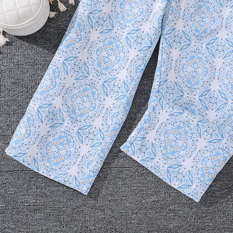 2024 Summer Girls Family Matching Clothes 8-12 Years Blue Print Vacation Party Suits Or Korean Style Sets Daily Casual Clothing