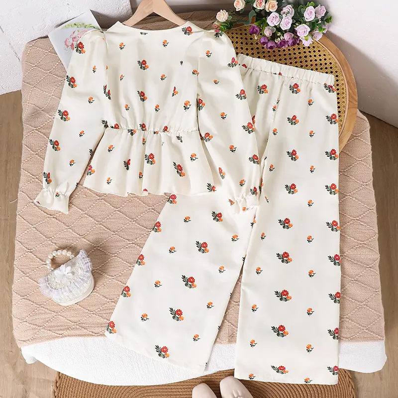 2025 Spring And Autumn Sweet Style 2PCS V-Neck Print Long Sleeve Top & Elastic Waist Wide Leg Pants For Girls 8-12 Years Daily