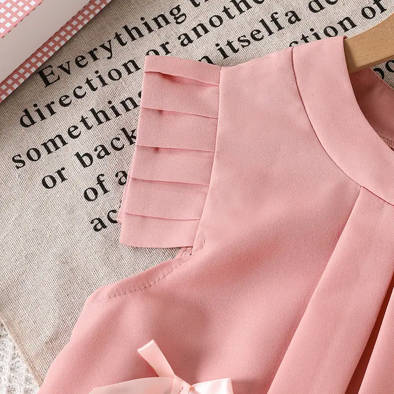 2025 Summer New Hot Sale Kids Set Solid Color Pink O-Neck Ruffled Bow A-Line Dress For Girls 8-12 Years Sweet Style Princess Set