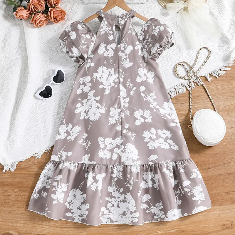 Girl Clothing Summer New Brown Print Off-the-shoulder Dress Elegant Pastoral Style Vacation Holiday Party Retro Floral Print