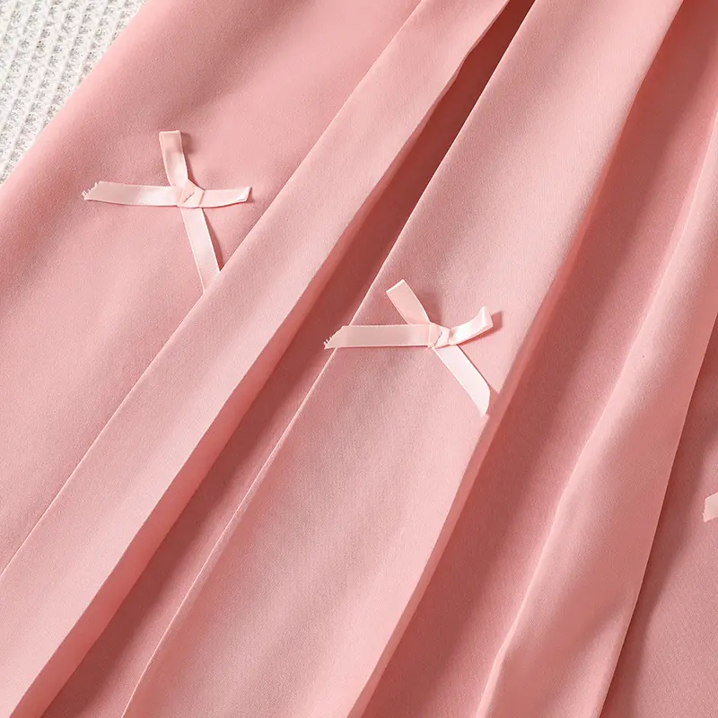 2025 Summer New Hot Sale Kids Set Solid Color Pink O-Neck Ruffled Bow A-Line Dress For Girls 8-12 Years Sweet Style Princess Set