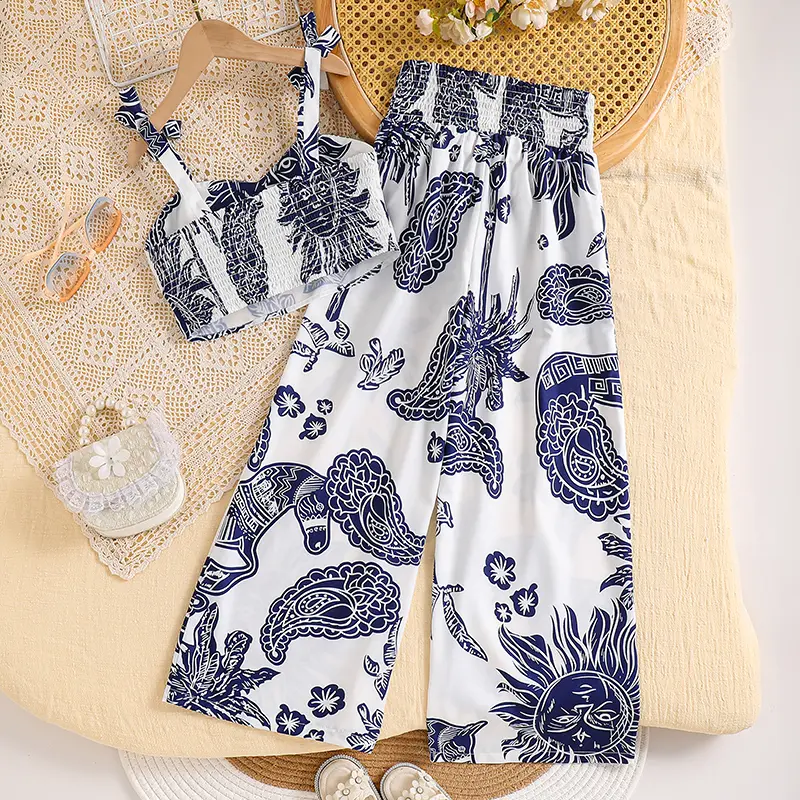 Summer New 2PCS Blue Print Bowknot Sling Top & Elastic Waist Wide Leg Pants For Girls 8-12 Years Country Style Vacation Outfit