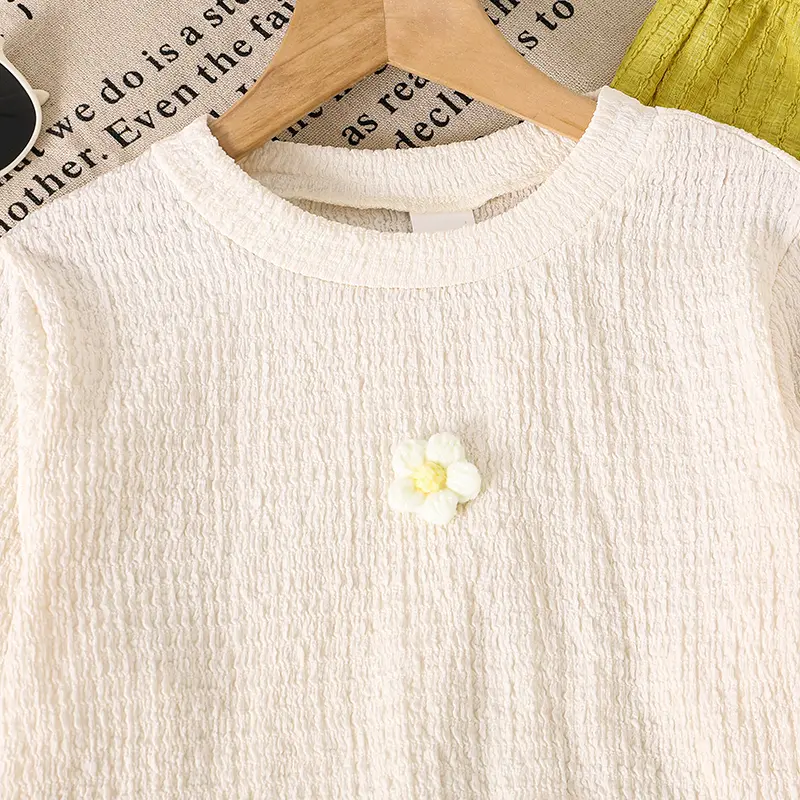 Autumn 2PCS New Kids Clothing Beige O-Neck Floral Long Sleeve Top & Yellow Striped Bow Elastic Waist Pants For Girls Daily Set