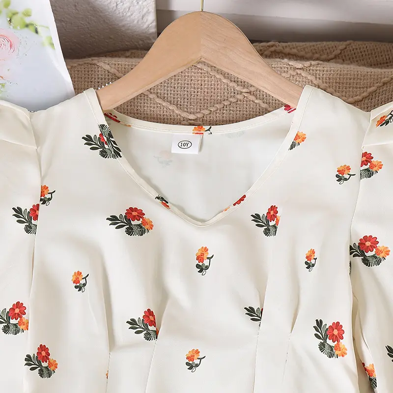 2025 Spring And Autumn Sweet Style 2PCS V-Neck Print Long Sleeve Top & Elastic Waist Wide Leg Pants For Girls 8-12 Years Daily