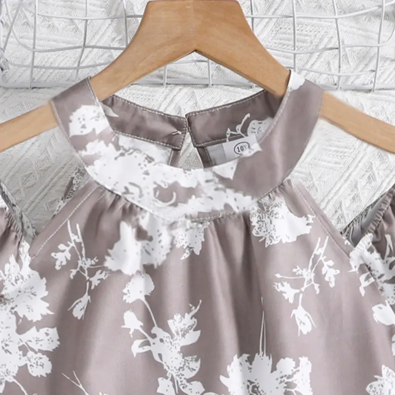 Girl Clothing Summer New Brown Print Off-the-shoulder Dress Elegant Pastoral Style Vacation Holiday Party Retro Floral Print