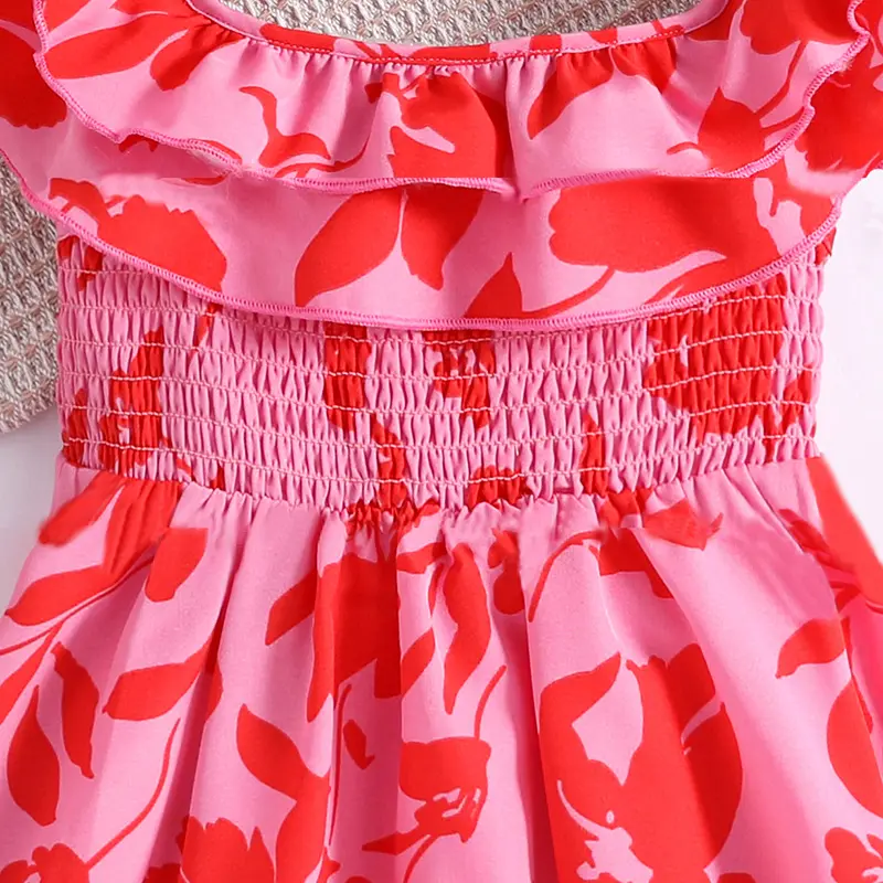 Girl Dress Summer New Fashion For 4-7Ys Kids Outfit Sweet Retro Print Floral Rose Cute Style Holiday Vacation Party Casual Dress