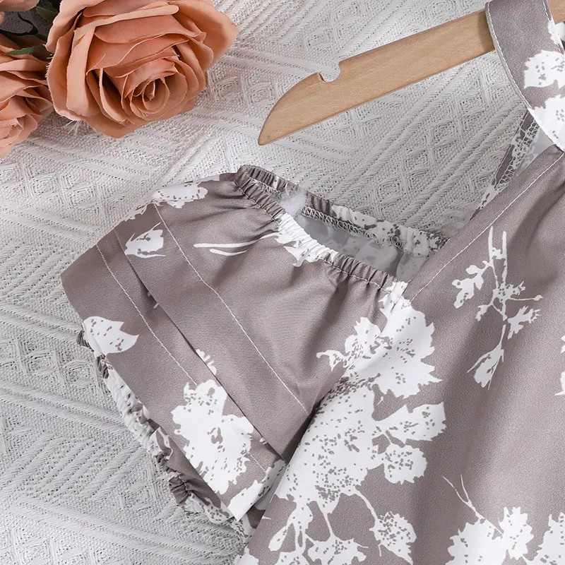 Girl Clothing Summer New Brown Print Off-the-shoulder Dress Elegant Pastoral Style Vacation Holiday Party Retro Floral Print