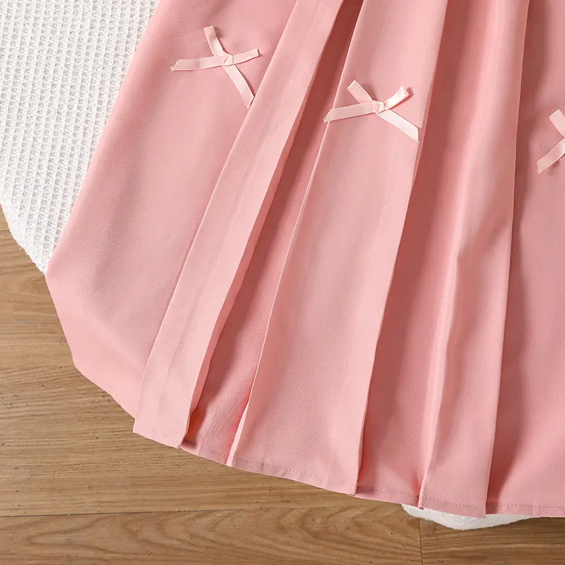 2025 Summer New Hot Sale Kids Set Solid Color Pink O-Neck Ruffled Bow A-Line Dress For Girls 8-12 Years Sweet Style Princess Set