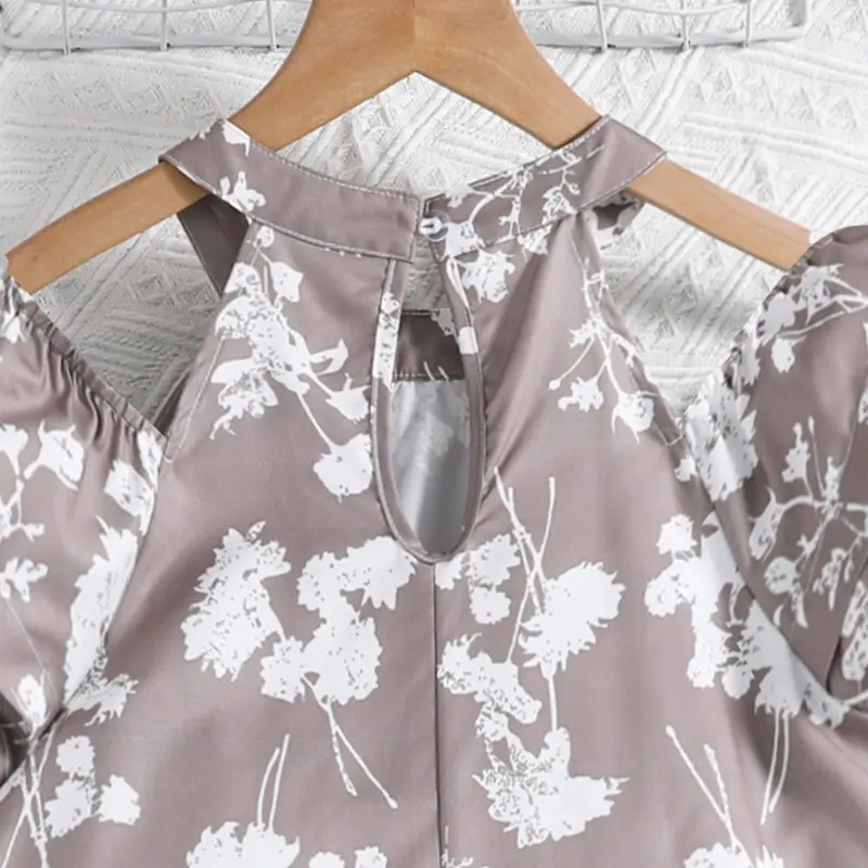 Girl Clothing Summer New Brown Print Off-the-shoulder Dress Elegant Pastoral Style Vacation Holiday Party Retro Floral Print