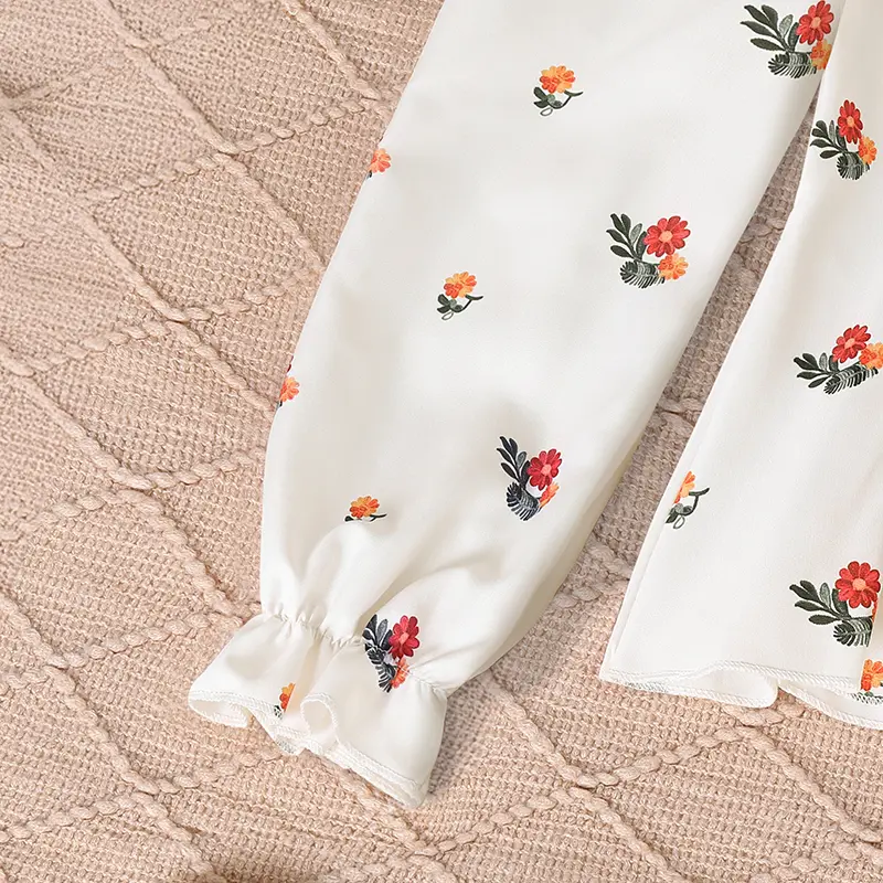 2025 Spring And Autumn Sweet Style 2PCS V-Neck Print Long Sleeve Top & Elastic Waist Wide Leg Pants For Girls 8-12 Years Daily