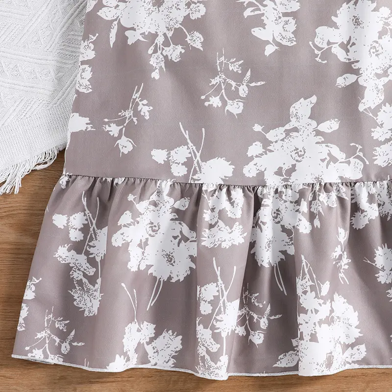 Girl Clothing Summer New Brown Print Off-the-shoulder Dress Elegant Pastoral Style Vacation Holiday Party Retro Floral Print