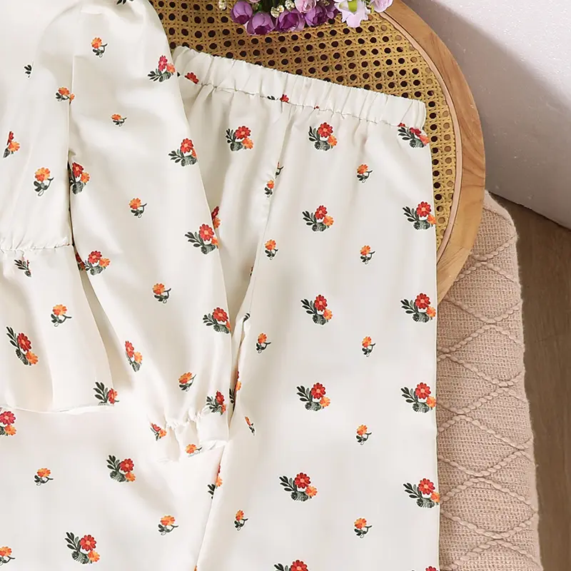 2025 Spring And Autumn Sweet Style 2PCS V-Neck Print Long Sleeve Top & Elastic Waist Wide Leg Pants For Girls 8-12 Years Daily