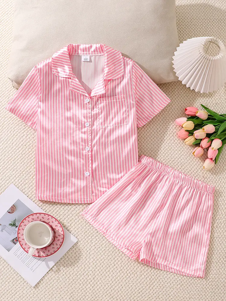 Children Clothing Sets Pink Striped Doll-collar T-shirt & Elastic Waist Shorts Silky Cozy Girls Sets Home Wear