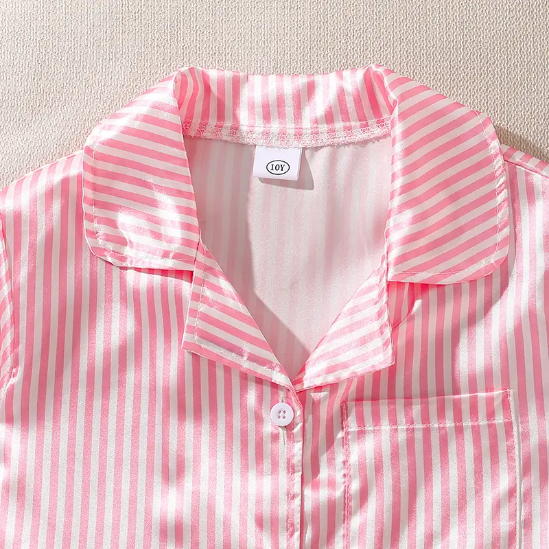 Children Clothing Sets Pink Striped Doll-collar T-shirt & Elastic Waist Shorts Silky Cozy Girls Sets Home Wear