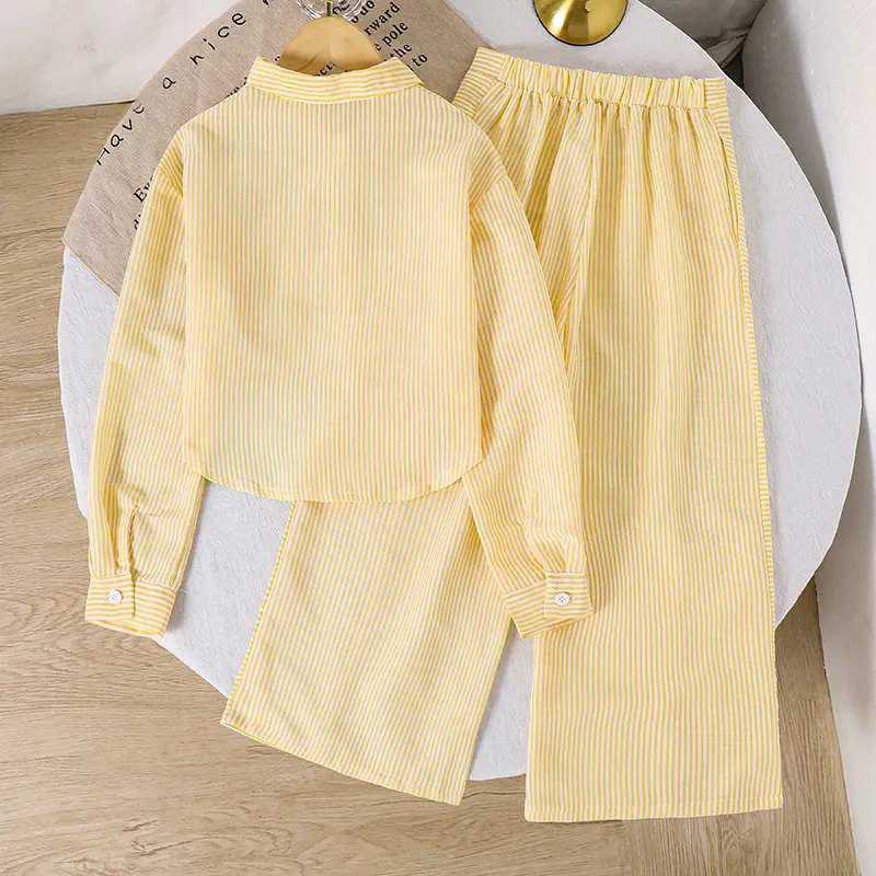 Autumn New Girls Outfit Solid Color Yellow Turn Down Collar Single Breasted Pocket Long Sleeve Coat & Striped Wide Leg Pants