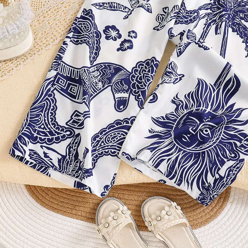 Summer New 2PCS Blue Print Bowknot Sling Top & Elastic Waist Wide Leg Pants For Girls 8-12 Years Country Style Vacation Outfit