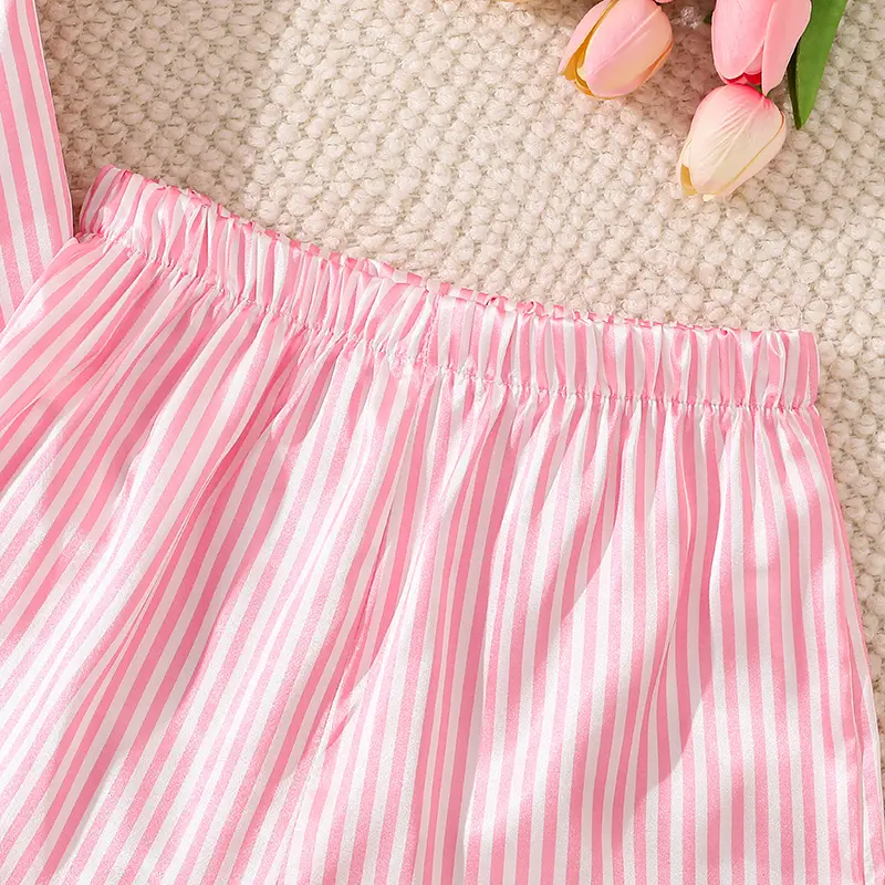 Children Clothing Sets Pink Striped Doll-collar T-shirt & Elastic Waist Shorts Silky Cozy Girls Sets Home Wear