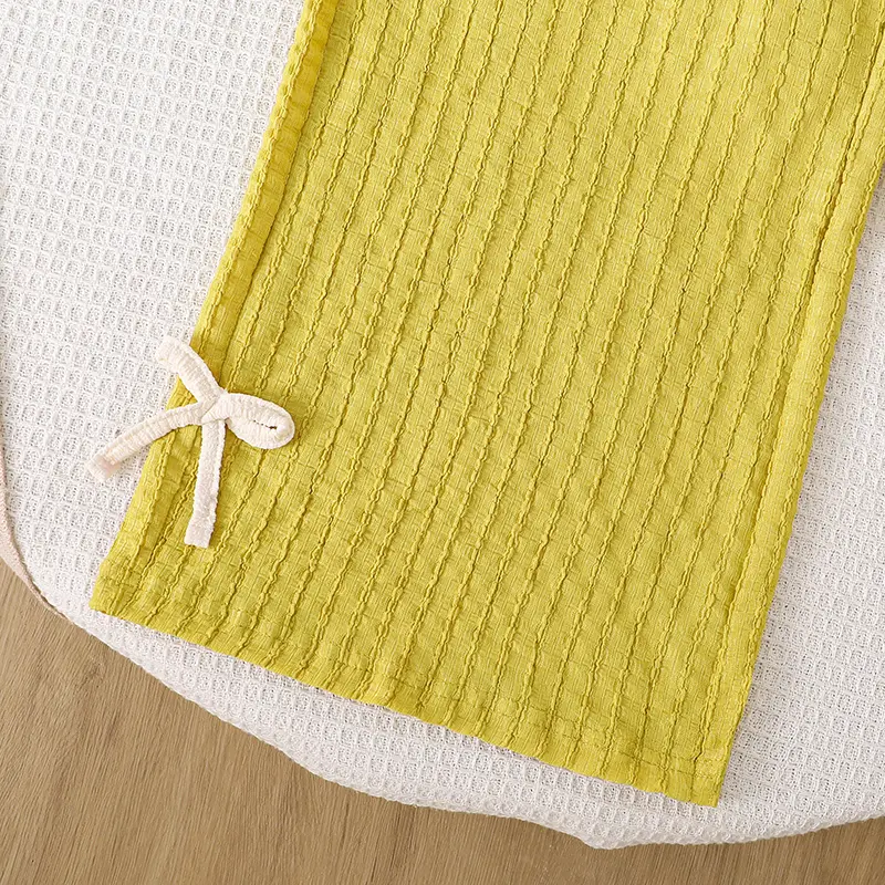 Autumn 2PCS New Kids Clothing Beige O-Neck Floral Long Sleeve Top & Yellow Striped Bow Elastic Waist Pants For Girls Daily Set