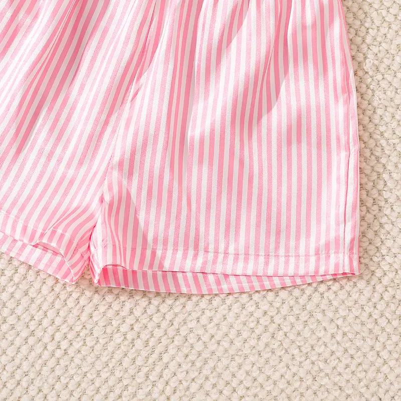 Children Clothing Sets Pink Striped Doll-collar T-shirt & Elastic Waist Shorts Silky Cozy Girls Sets Home Wear