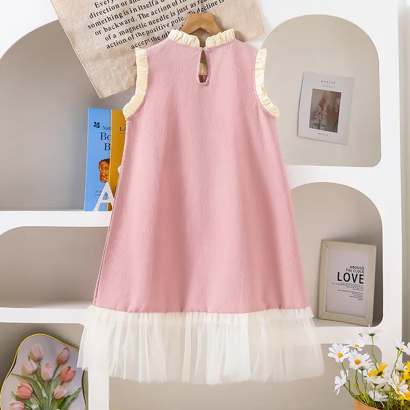 Girls Princess Summer Solid Color Pink Floral Print O-Neck Sleeveless A-Line Dress For Girls Sweet Style Daily Vacation Clothing