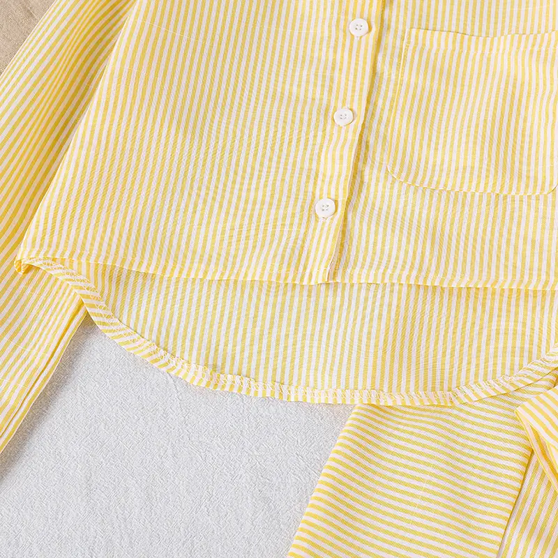 Autumn New Girls Outfit Solid Color Yellow Turn Down Collar Single Breasted Pocket Long Sleeve Coat & Striped Wide Leg Pants