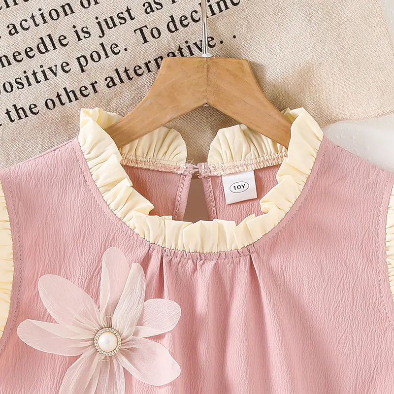 Girls Princess Summer Solid Color Pink Floral Print O-Neck Sleeveless A-Line Dress For Girls Sweet Style Daily Vacation Clothing
