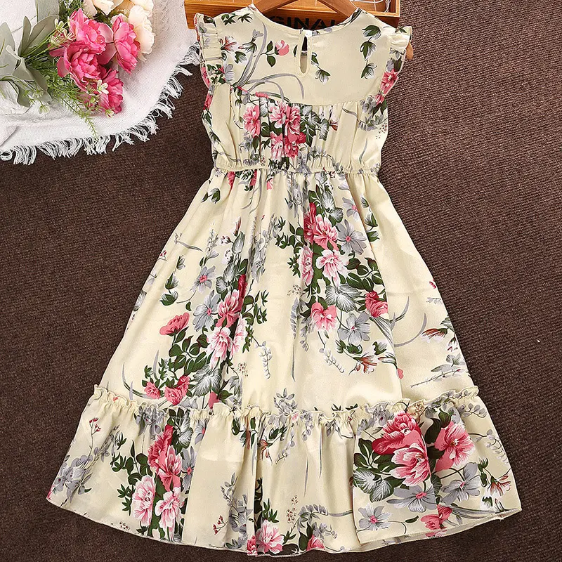 Children Fashion Summer Dress  Beige Print Sleeveless Dress For Stylish Girls Sweet Style Holiday Vacation Daily Causal Clothes