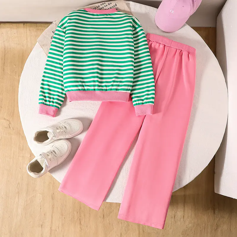 New 2PCS Candy Contrast Color Green Striped O-Neck Long Sleeve Top 7 Solid Color Pink Elastic Waist Pants For Girls Autumn Set