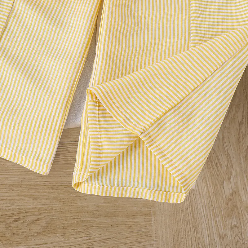 Autumn New Girls Outfit Solid Color Yellow Turn Down Collar Single Breasted Pocket Long Sleeve Coat & Striped Wide Leg Pants