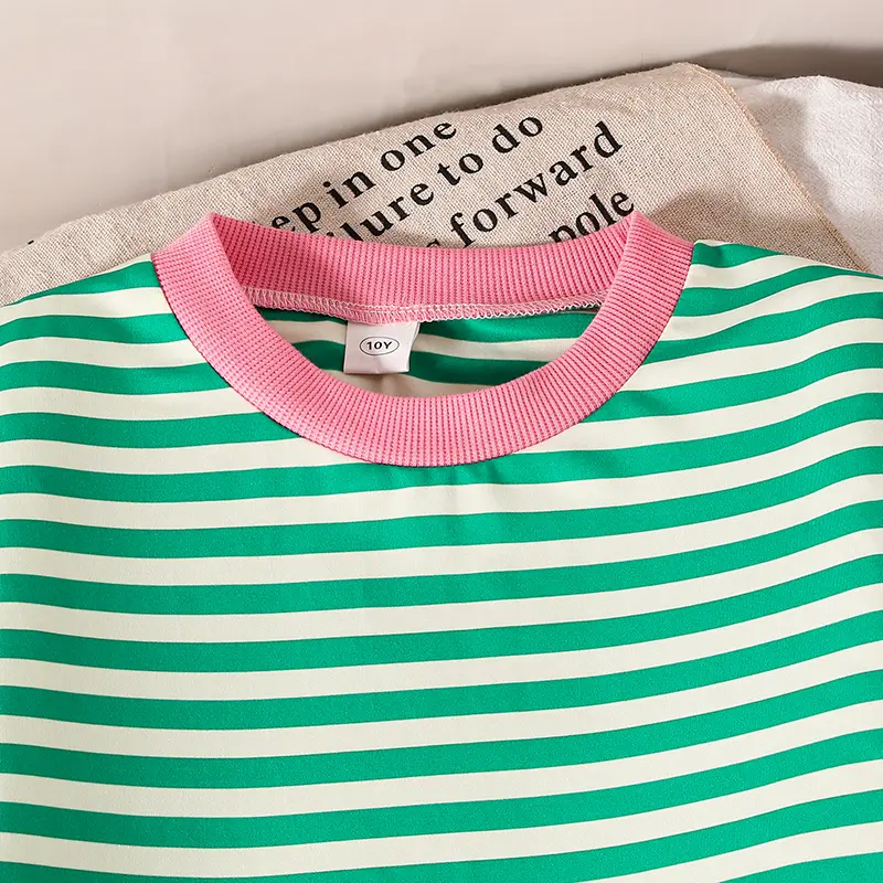 New 2PCS Candy Contrast Color Green Striped O-Neck Long Sleeve Top 7 Solid Color Pink Elastic Waist Pants For Girls Autumn Set