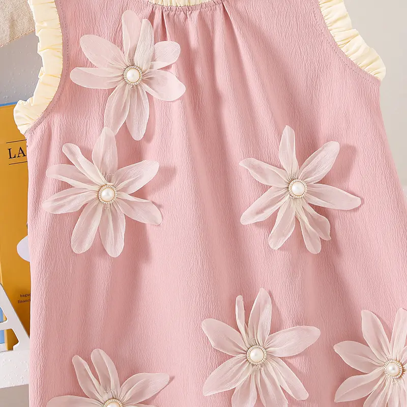 Girls Princess Summer Solid Color Pink Floral Print O-Neck Sleeveless A-Line Dress For Girls Sweet Style Daily Vacation Clothing