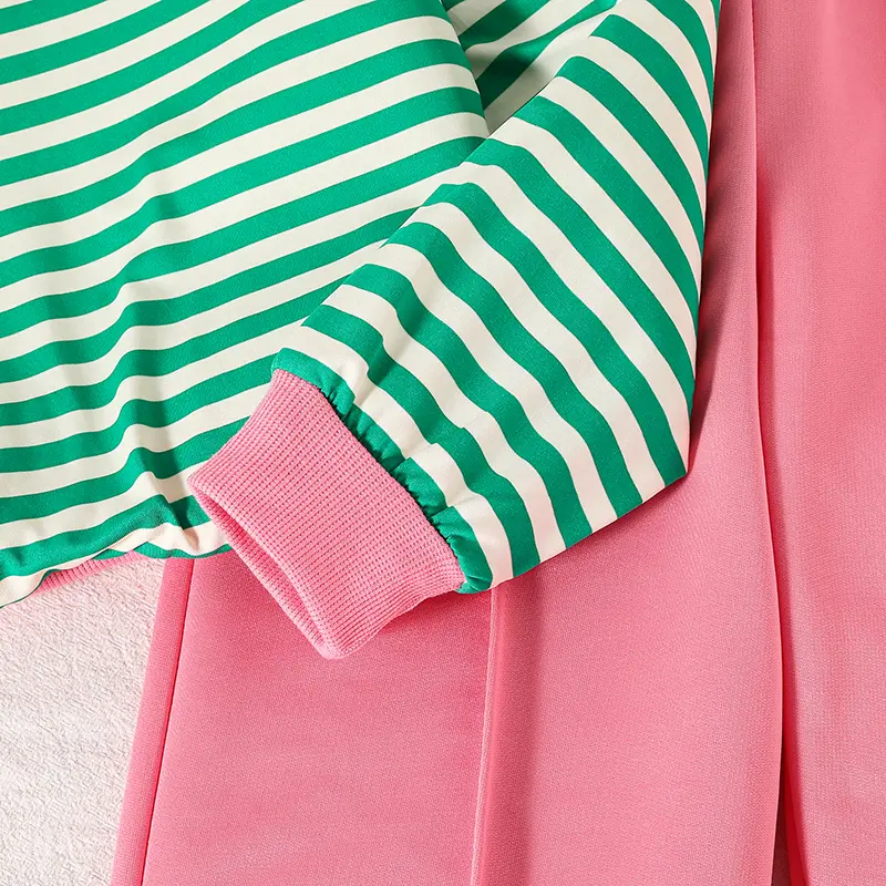 New 2PCS Candy Contrast Color Green Striped O-Neck Long Sleeve Top 7 Solid Color Pink Elastic Waist Pants For Girls Autumn Set