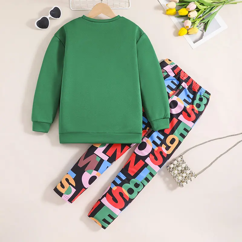 Autumn New Girls Clothes Sets 8-12 Years Green Long-Sleeved Hoodie + Colored Leggings For Girls Korean Casual Vacation Suits