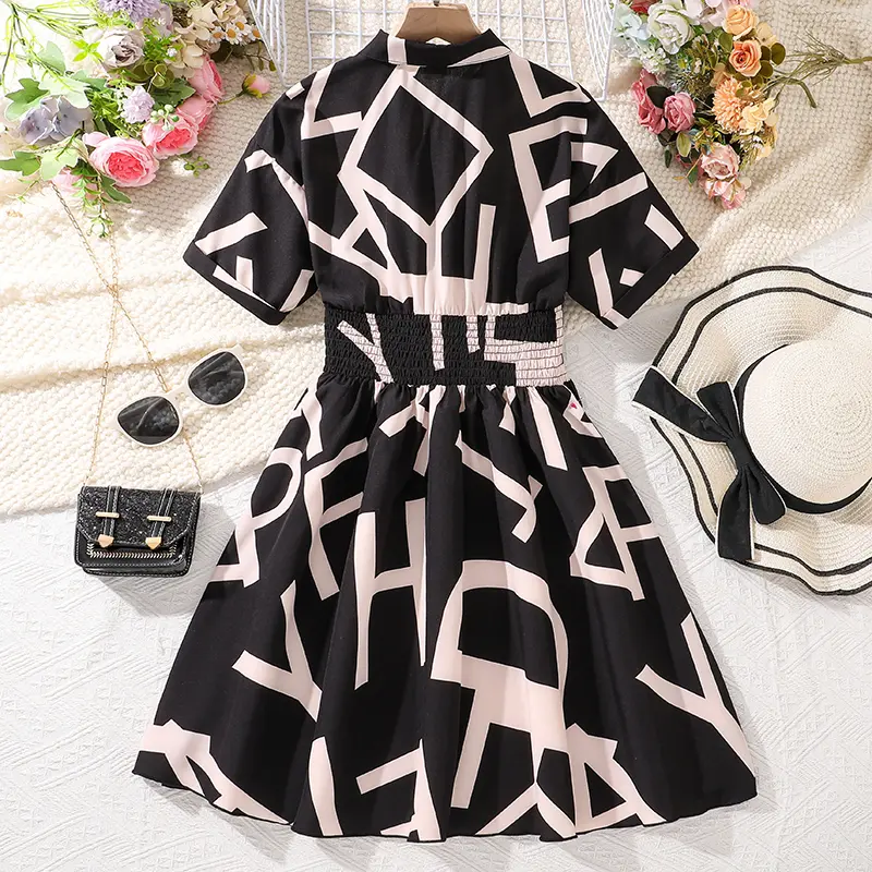 Shirt Dress For Girls Black Striped Printed Button Down Kids Dress Daily Trendy Tween Girls Clothing Summer Children Costume
