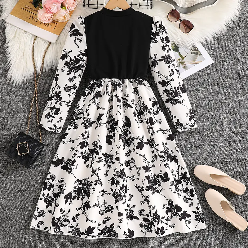 Autumn 2025 New Kids Clothing Black Print O-Neck Long Sleeve A-Line Dress For Girls 8-12 Years Elegant French Girls Daily Dress