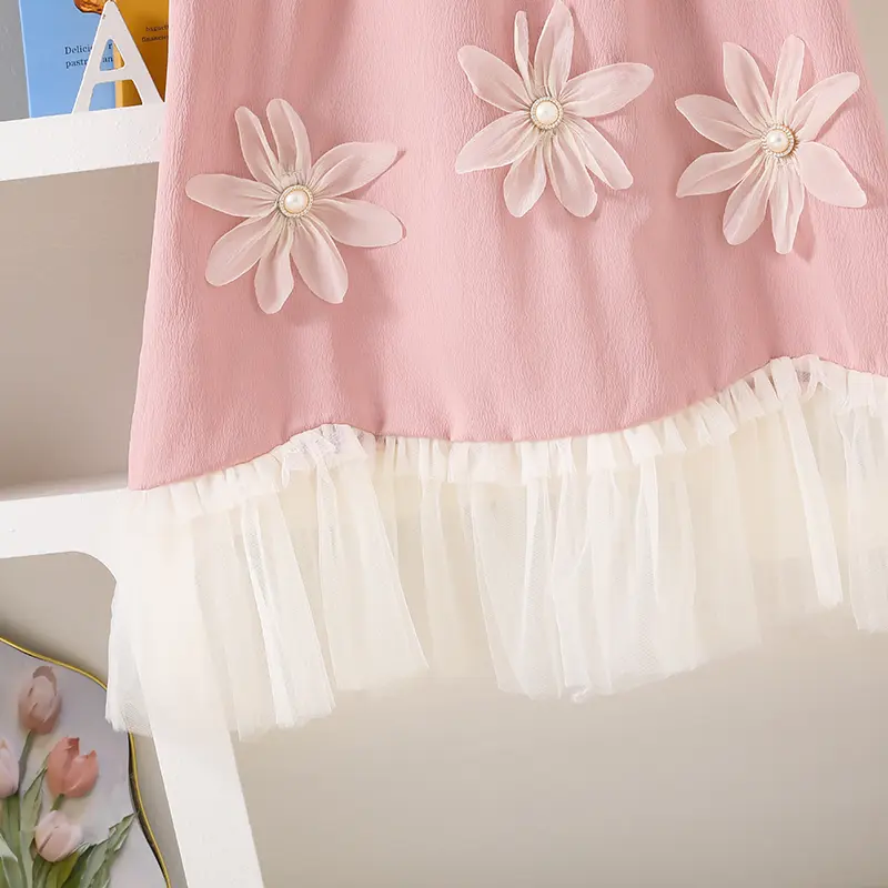 Girls Princess Summer Solid Color Pink Floral Print O-Neck Sleeveless A-Line Dress For Girls Sweet Style Daily Vacation Clothing