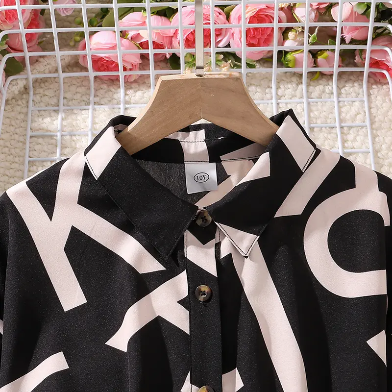 Shirt Dress For Girls Black Striped Printed Button Down Kids Dress Daily Trendy Tween Girls Clothing Summer Children Costume