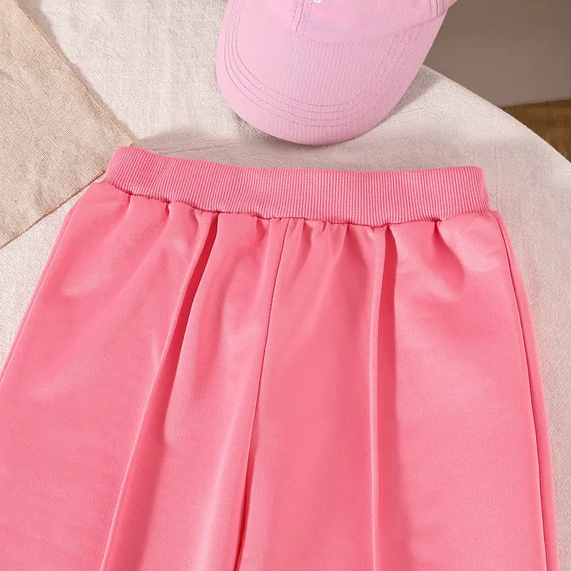 New 2PCS Candy Contrast Color Green Striped O-Neck Long Sleeve Top 7 Solid Color Pink Elastic Waist Pants For Girls Autumn Set