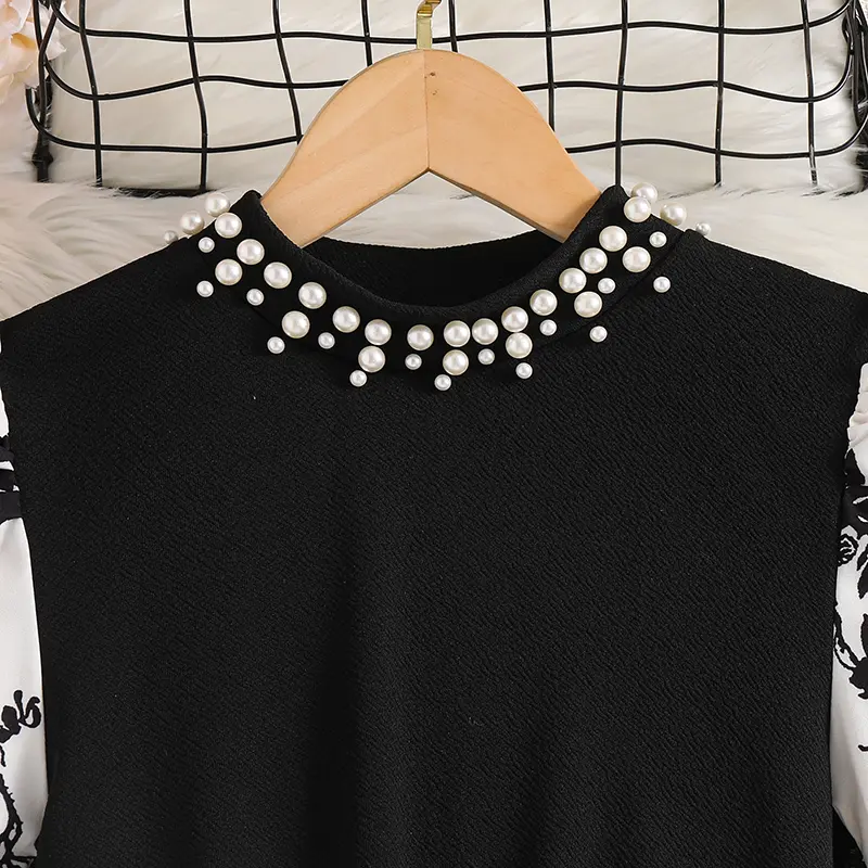 Autumn 2025 New Kids Clothing Black Print O-Neck Long Sleeve A-Line Dress For Girls 8-12 Years Elegant French Girls Daily Dress