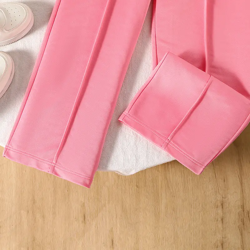 New 2PCS Candy Contrast Color Green Striped O-Neck Long Sleeve Top 7 Solid Color Pink Elastic Waist Pants For Girls Autumn Set