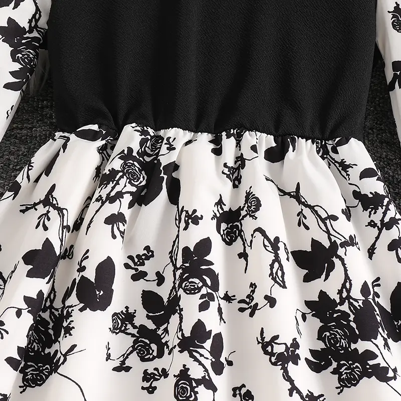 Autumn 2025 New Kids Clothing Black Print O-Neck Long Sleeve A-Line Dress For Girls 8-12 Years Elegant French Girls Daily Dress