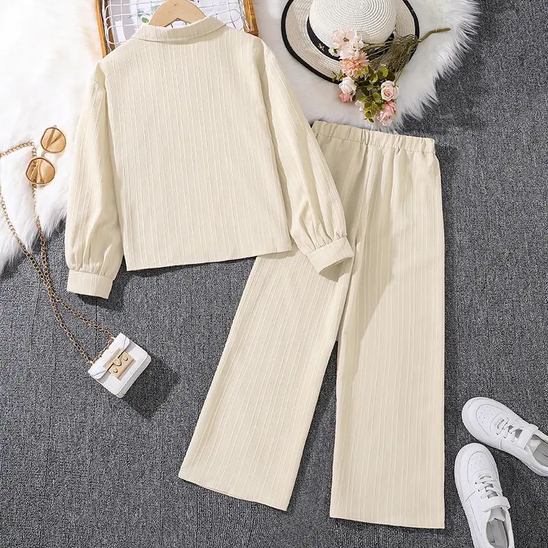 Kids Clothing Spring & Autumn Solid Color 2PCS For 4-7 Years Long Sleeve Coat And Wide Leg Pants For Girls Fashion Korean Style