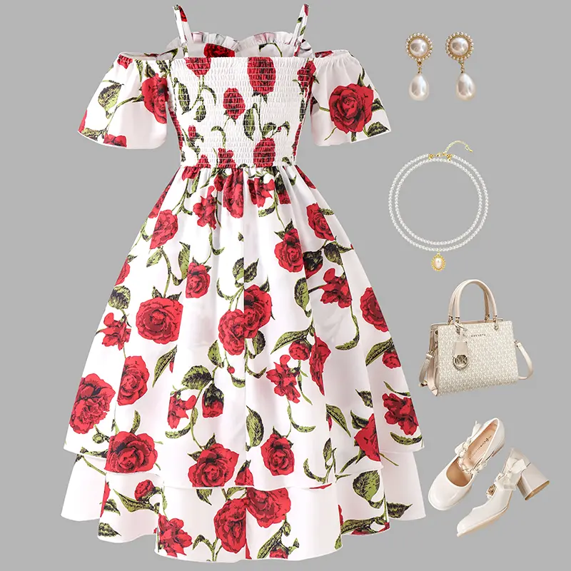 Kids Dress For Girls 8-12 Years Rose Printed Off-shoulder Sleeveless Tiered Dress Birthday Party Clothing Sweet Princess Dress