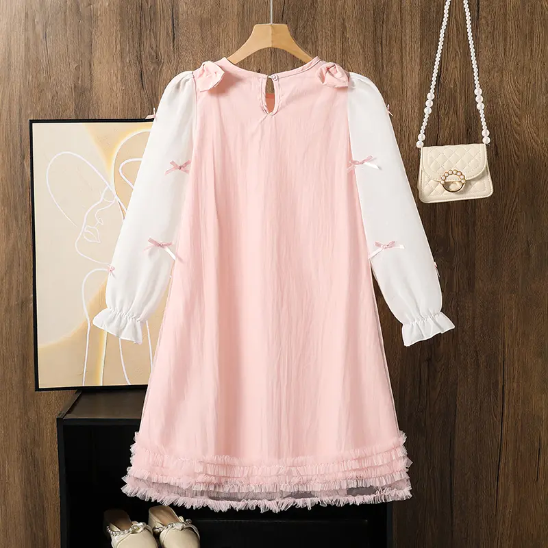 2025 New Kids Autumn Dress Pink O-Neck Long Sleeve Bow A-Line Dress For Girls 8-12 Years Sweet Style Girls Daily Casual Clothing
