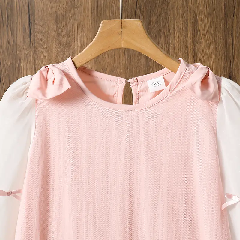 2025 New Kids Autumn Dress Pink O-Neck Long Sleeve Bow A-Line Dress For Girls 8-12 Years Sweet Style Girls Daily Casual Clothing