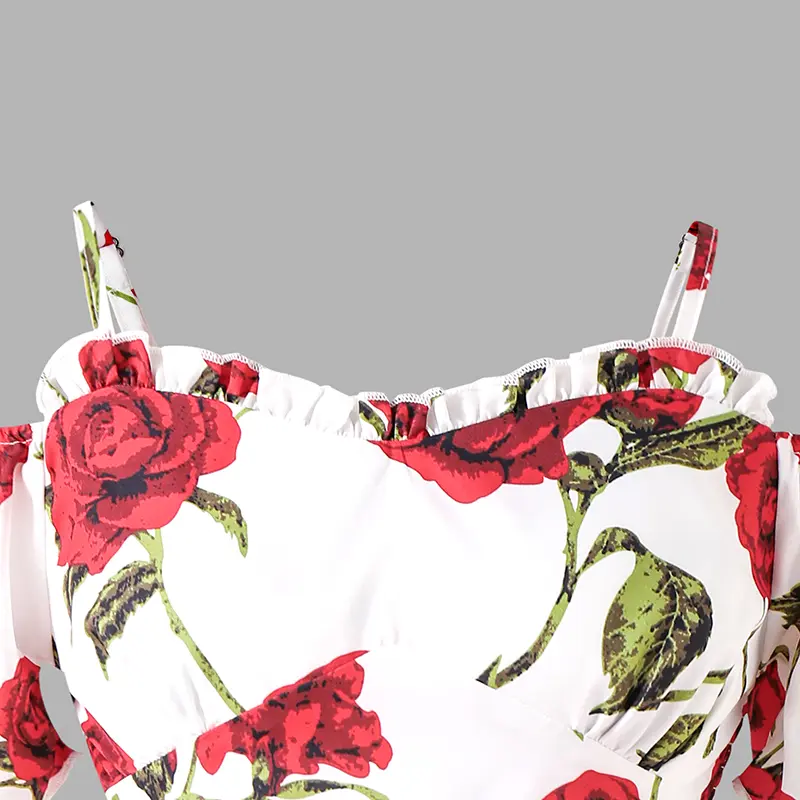 Kids Dress For Girls 8-12 Years Rose Printed Off-shoulder Sleeveless Tiered Dress Birthday Party Clothing Sweet Princess Dress